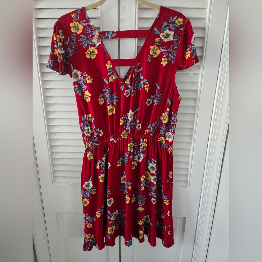 B.O.G. Collective Red Floral Faux Wrap Mini Dress Boho RUNS SMALL - Picture 10 of 12
